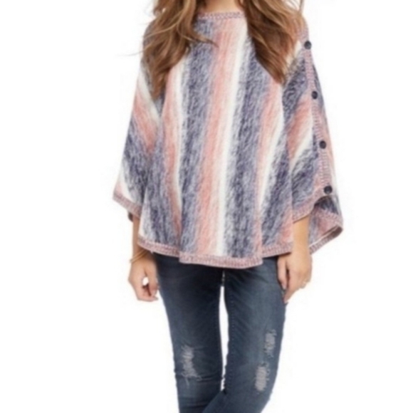 Motherhood Maternity Adjuatable Color Striped Knit Poncho with Buttons - Picture 2 of 7